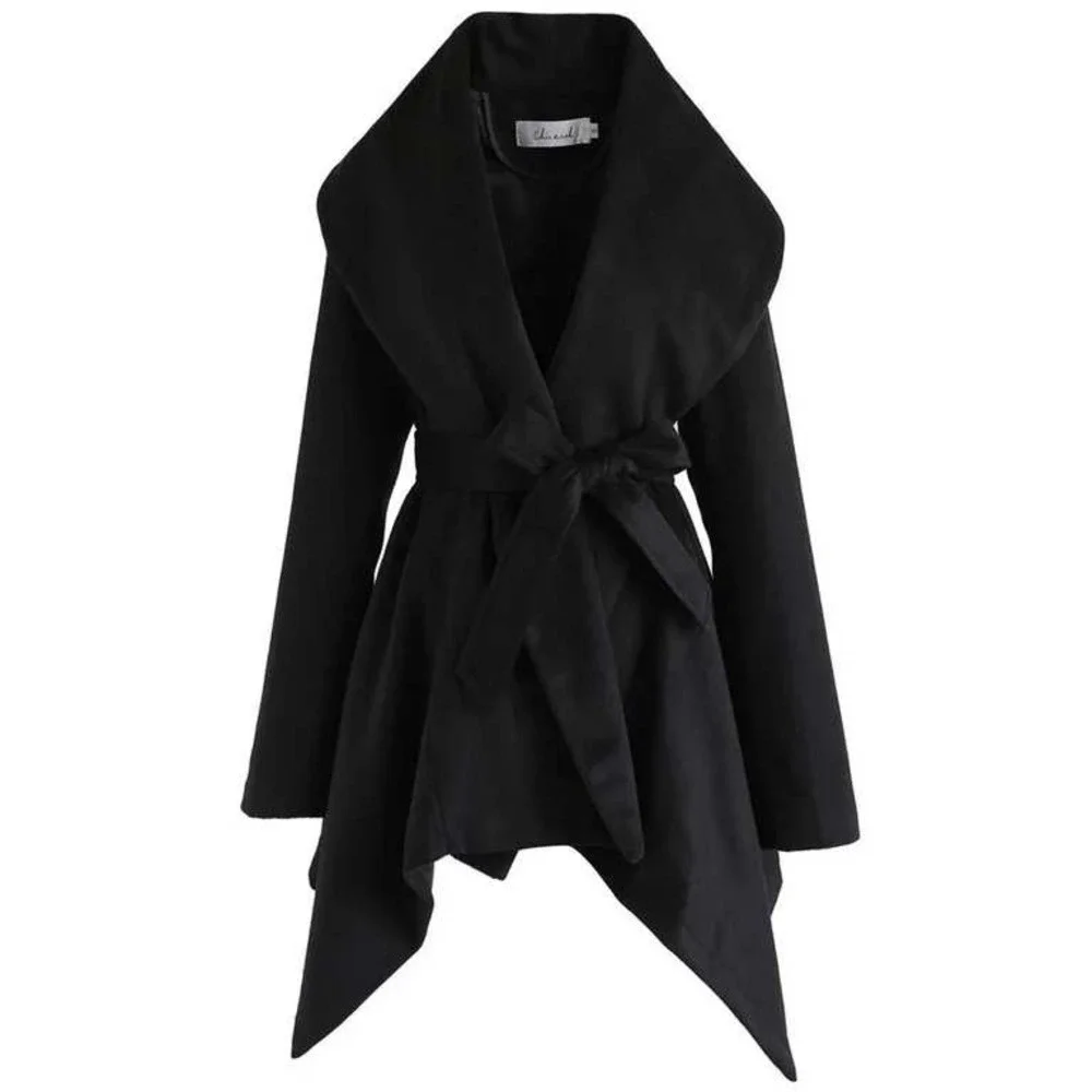 Chicwish Black Wool Blend Shawl Collar Belted Wrap Coat XS - Picture 11 of 11